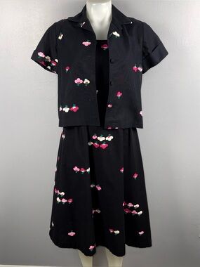 Malia Honolulu Black Floral Cotton Dress & Bolero Two Piece Set 70’s 80’s *READ